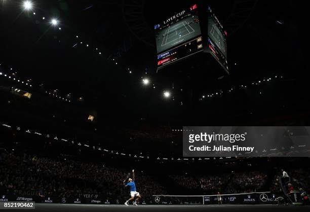 Roger Federer of Team Europe serves during his singles match against Sam Querrey of Team World on Day 2 of the Laver Cup on September 23, 2017 in...
