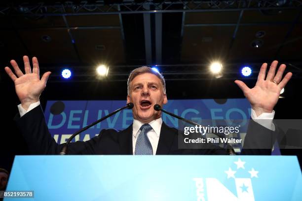 National Party leader Bill English addresses his supporters on September 23, 2017 in Auckland, New Zealand. With results too close to call, no...