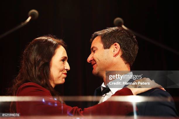 Labour Party leader Jacinda Ardern hugs her partner Clarke Gayford at the Labour Party election party on September 23, 2017 in Auckland, New Zealand....