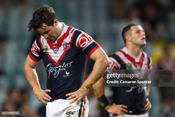 Aidan Guerra of the Roosters looks dejected after losing the NRL Preliminary Final match between the Sydney Roosters and the North Queensland Cowboys...