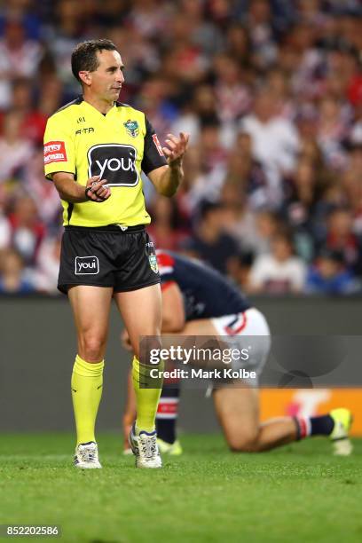 Referee Gerard Sutton gestured to players during the NRL Preliminary Final match between the Sydney Roosters and the North Queensland Cowboys at...