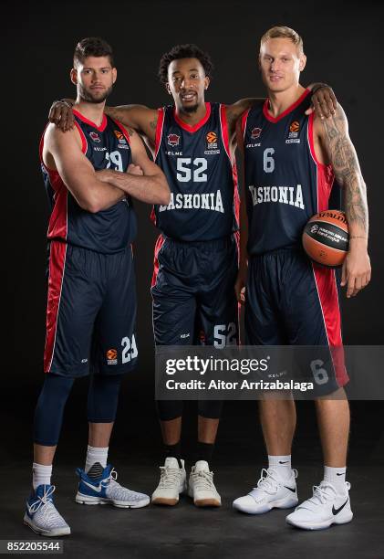 Patricio Garino, #29; Jordan McRae, #52 and Janis Timma, #6 poses during Baskonia Vitoria Gasteiz 2017/2018 Turkish Airlines EuroLeague Media Day at...