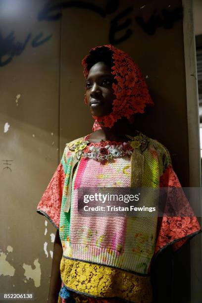 Model is seen backstage ahead of the Antonio Marras show during Milan Fashion Week Spring/Summer 2018on September 23, 2017 in Milan, Italy.