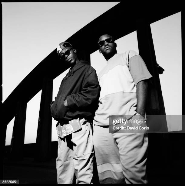 MCs Bionic and Rodney P of English rap group, London Posse, Silvertown, East London, 11th July 1990.