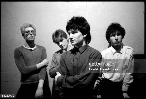Backstage at the Garden of Eden club, Tullamore, Ireland, 2 March 1980. L-R Adam Clayton, Larry Mullen Jnr, Bono and The Edge.