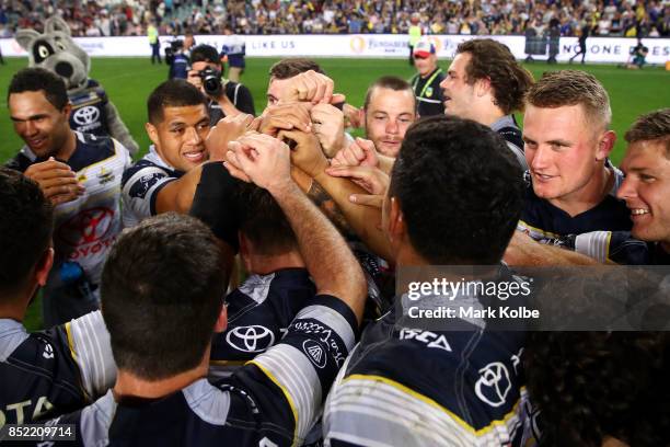 The Cowboys celebrate victory during the NRL Preliminary Final match between the Sydney Roosters and the North Queensland Cowboys at Allianz Stadium...