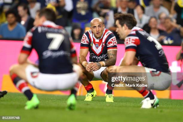 Blake Ferguson of the Roosters looks dejected after defeat during the NRL Preliminary Final match between the Sydney Roosters and the North...