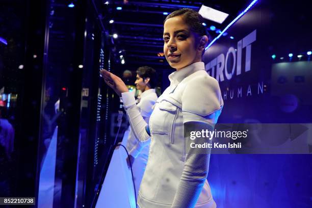 Detroit Become Human's booth models stand at the Sony Interactive Entertainment Inc. Booth during the Tokyo Game Show 2017 at Makuhari Messe on...