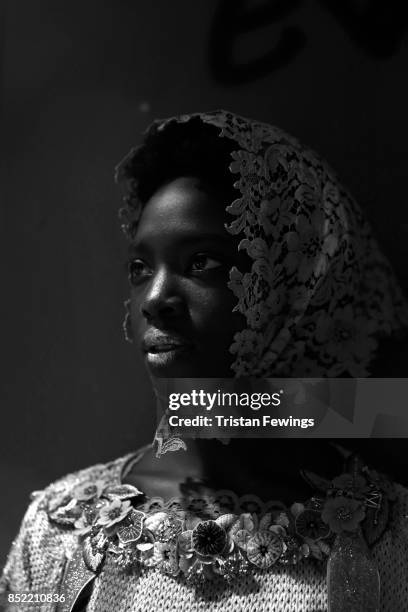 Model is seen backstage ahead of the Antonio Marras show during Milan Fashion Week Spring/Summer 2018on September 23, 2017 in Milan, Italy. )