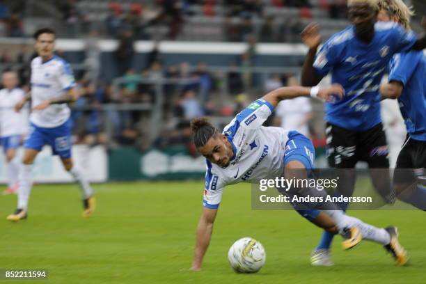 Alexander Jakobsen runs with the ball at Orjans Vall on September 23, 2017 in Halmstad, Sweden.