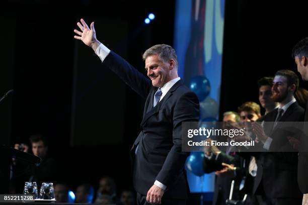 National's Bill English speaks to supporters at Sky City on September 23, 2017 in Auckland, New Zealand. With results too close to call, no outright...