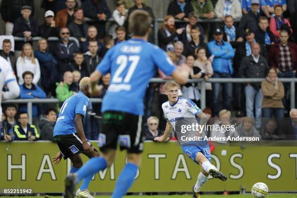 Eric Smith of IFK Norrkoping passes the ball at Orjans Vall on September 23, 2017 in Halmstad, Sweden.