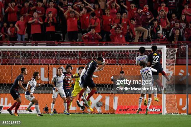 Naomichi Ueda of Kashima Antlers scores his side's second goal during the J.League J1 match between Kashima Antlers and Gamba Osaka at Kashima Soccer...