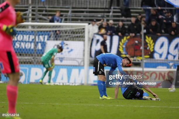 Andreas Bengtsson looks after Gabriel Gudmundsson of Halmstad BK after a tackle at Orjans Vall on September 23, 2017 in Halmstad, Sweden.