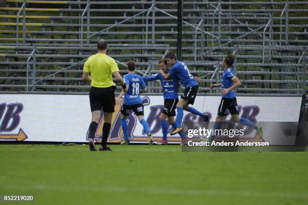 Alexander Berntsson of Halmstad BK celebrates after scoring the opening goal at Orjans Vall on September 23, 2017 in Halmstad, Sweden.