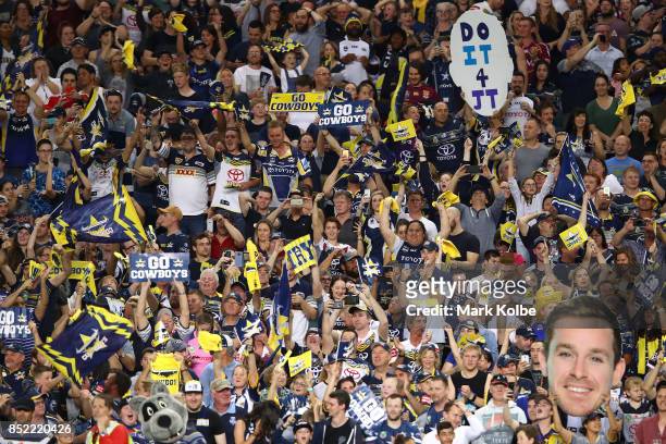 Cowboys supporters cheer during the NRL Preliminary Final match between the Sydney Roosters and the North Queensland Cowboys at Allianz Stadium on...