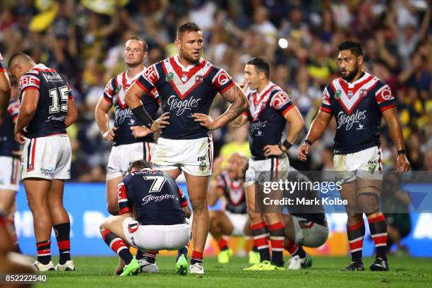 Jared Waerea-Hargreaves of the Roosters looks dejected after a Cowboys try during the NRL Preliminary Final match between the Sydney Roosters and the...