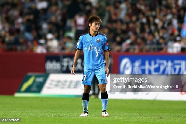 Shintaro Kurumaya of Kawasaki Frontale shows dejection after 0-0 draw in the J.League J1 match between Vissel Kobe and Kawasaki Frontale at Noevir...