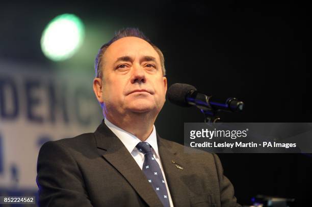 First Minister Alex Salmond making a speech during a march and rally in Edinburgh, calling for a Yes vote in next year's independence referendum.