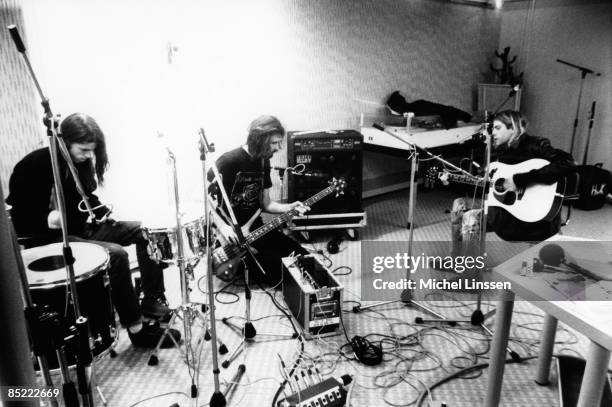 Photo of NIRVANA, L-R: Dave Grohl, Krist Novoselic & Kurt Cobain - group shot - recording in Hilversum Studios