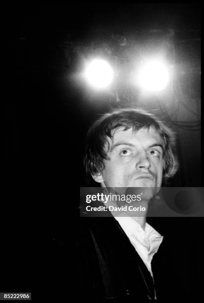 Mark E Smith of The Fall performing at The Lyceum Theatre, London, UK on 12 December 1982.