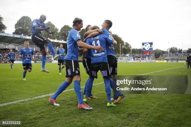 Tryggvi Hrafn Haraldsson of Halmstad BK celebrates with teammates after scoring 2-0 at Orjans Vall on September 23, 2017 in Halmstad, Sweden.