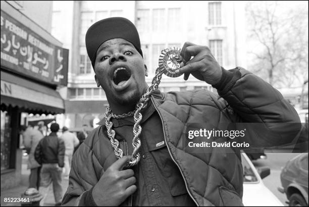 American rapper and actor, Biz Markie, near the offices Warner Bros. Records , Wrights Lane, Kensington, London, 6th April 1988.