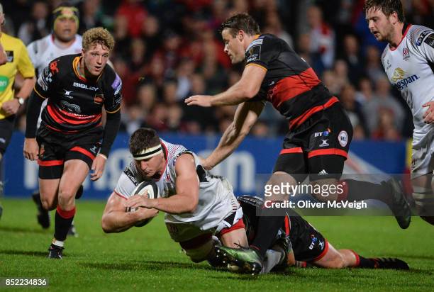 Antrim , United Kingdom - 22 September 2017; Robbie Diack of Ulster is tackled by Pat Howard of Dragons during the Guinness PRO14 Round 4 match...