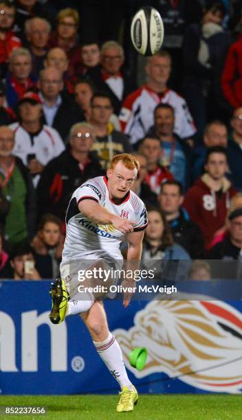 Antrim , United Kingdom - 22 September 2017; Peter Nelson of Ulster kicking a conversion during the Guinness PRO14 Round 4 match between Ulster and...