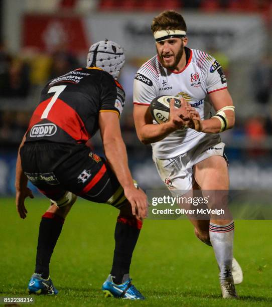 Antrim , United Kingdom - 22 September 2017; Stuart McCloskey of Ulster in action against Ollie Griffiths of Dragons during the Guinness PRO14 Round...