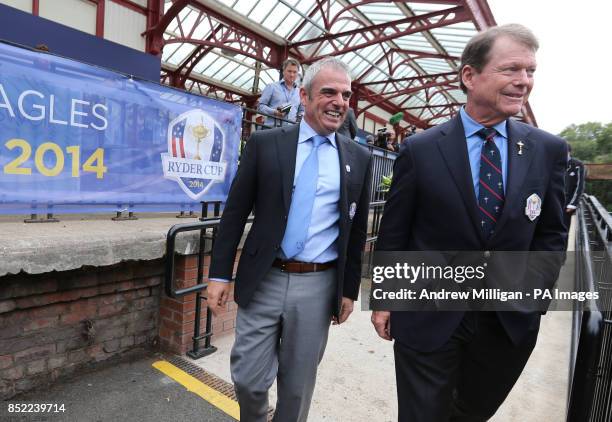 European Ryder Cup Captain Paul McGinley and American Ryder Cup Captain Tom Watson arrive for celebrations to mark a Year to Go before the start of...