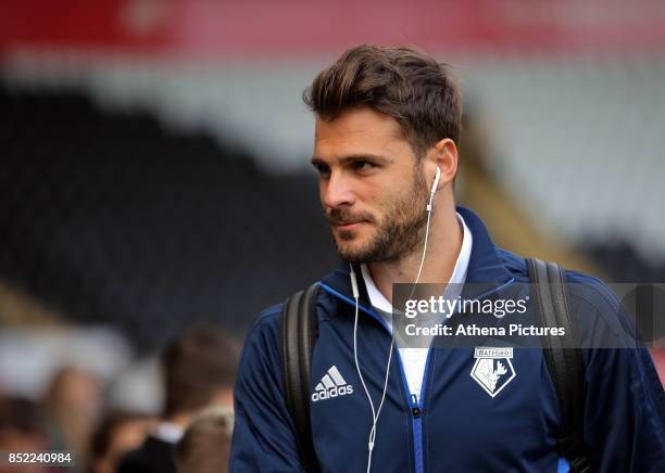 Orestis Karnezis of Watford arrives prior to the game during the Premier League match between Swansea City and Watford at The Liberty Stadium on...