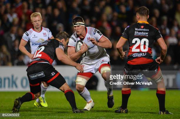 Antrim , United Kingdom - 22 September 2017; Robbie Diack of Ulster in action against Pat Howard of Dragons during the Guinness PRO14 Round 4 match...