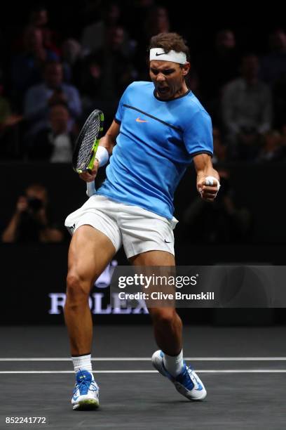 Rafael Nadal of Team Europe celebrates winning a point during his singles match against Jack Sock of Team World on Day 2 of the Laver Cup on...