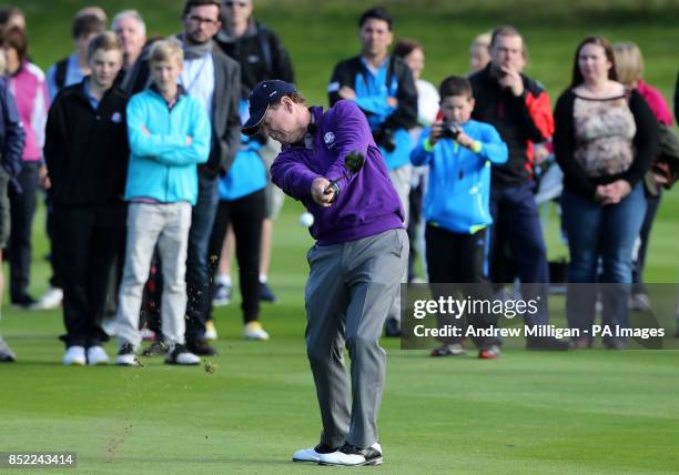 American Ryder Cup Captain Tom Watson plays a shot on the 18th during an event to mark the legacy of the 2014 Ryder Cup, at the PGA Cenetary Course,...