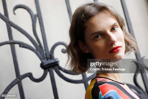 Model is seen backstage ahead of the Philosophy By Lorenzo Serafini show during Milan Fashion Week Spring/Summer 2018on September 23, 2017 in Milan,...