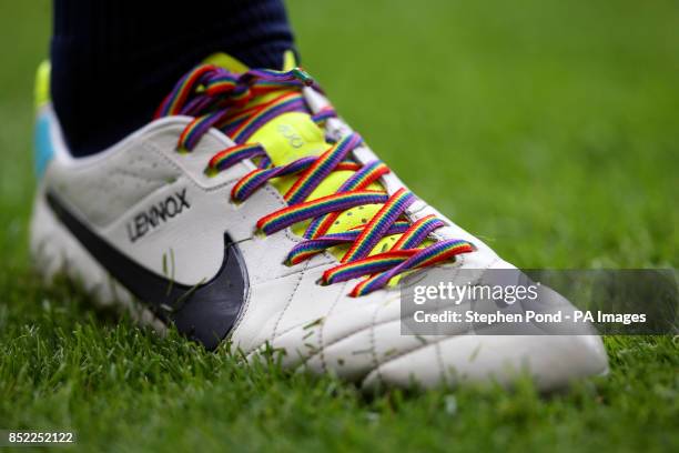 Everton's John Heitinga displays rainbow laces on his boots in support of an Anti Homophobia campaign