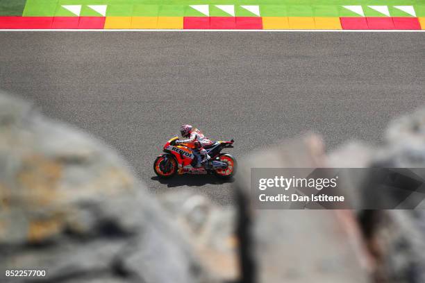 Marc Marquez of Spain and the Repsol Honda Team rides during final practice for the MotoGP of Aragon at Motorland Aragon Circuit on September 23,...