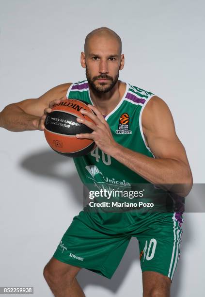 James Augustine, #40 poses during Unicaja Malaga 2017/2018 Turkish Airlines EuroLeague Media Day at Martin Carpena Arena on September 20, 2017 in...