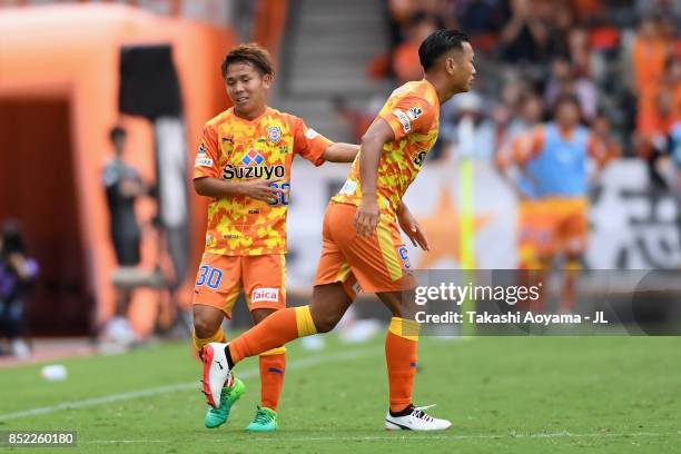 Chong Tese of Shimizu S-Pulse and Shota Kaneko of Shimizu S-Pulse in action during the J.League J1 match between Shimizu S-Pulse and Sanfrecce...