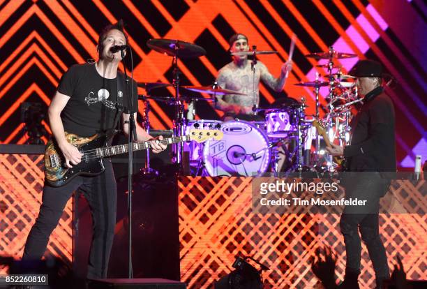 Mark Hoppus, Travis Barker, and Matt Skiba of Blink 182 perform during the 2017 Life is Beautiful Festival on September 22, 2017 in Las Vegas, Nevada.