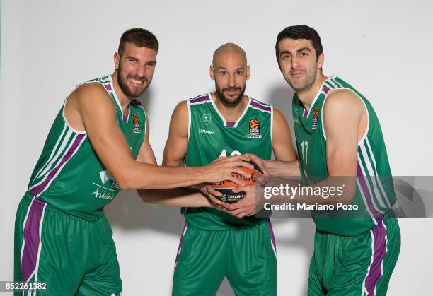 Daniel Diez, #11; James Augustine, #40 and Giorgi Shermadini, #17 poses during Unicaja Malaga 2017/2018 Turkish Airlines EuroLeague Media Day at...