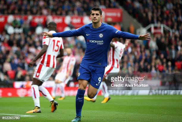 Alvaro Morata of Chelsea celebrates scoring the opening goal during the Premier League match between Stoke City and Chelsea at Bet365 Stadium on...