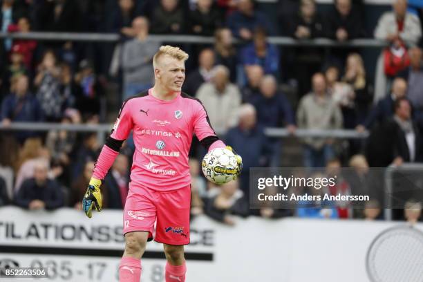 Goalkeeper Isak Pettersson of Halmstad BK at Orjans Vall on September 23, 2017 in Halmstad, Sweden.