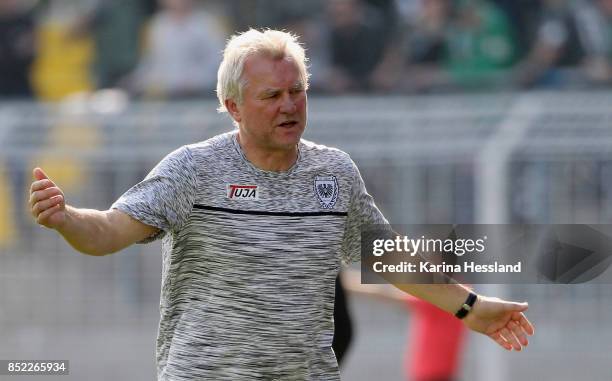 Headcoach Benno Moehlmann of Muenster reacts during the 3.Liga match between FC Carl Zeiss Jena and SC Preussen Muenster at Ernst-Abbe Sportfeld on...