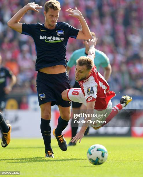 Sebastian Langkamp of Hertha BSC and Alexandru Maxim of FSV Mainz 05 during the game between FSV Mainz 05 and Hertha BSC on september 23, 2017 in...