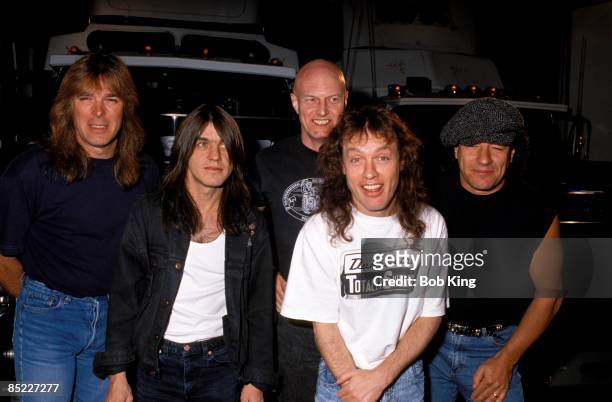 Photo of AC DC and AC/DC and Cliff WILLIAMS and Malcolm YOUNG and Chris SLADE and Angus YOUNG and Brian JOHNSON, L-R: Cliff Williams, Malcolm Young,...