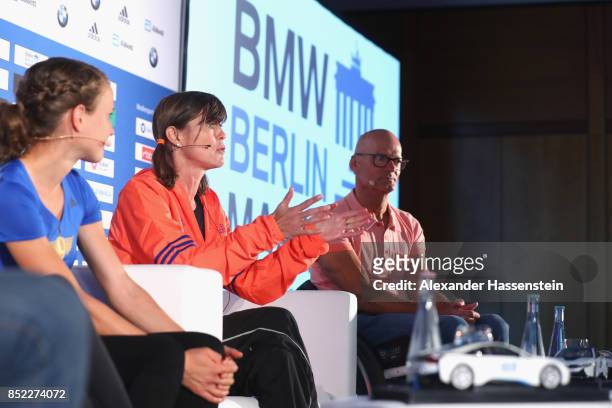 Uta Pippig attends a kids press conference at Hotel InterContinental Berlin ahead of the BMW Berlin Marathon 2017 on September 23, 2017 in Berlin,...