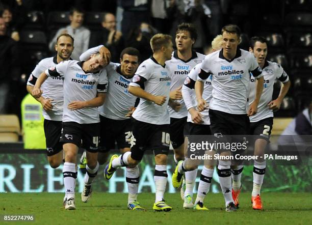 Derby County's Craig Bryson celebrates scoring his sides fourth goal of the game during the Sky Bet Championship match at Pride Park, Derby.