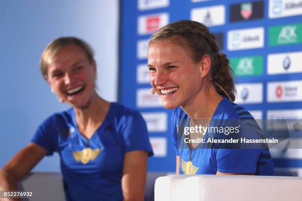 Anna Hahner attends with her sister Lisa Hahner a kids press conference at Hotel InterContinental Berlin ahead of the BMW Berlin Marathon 2017 on...